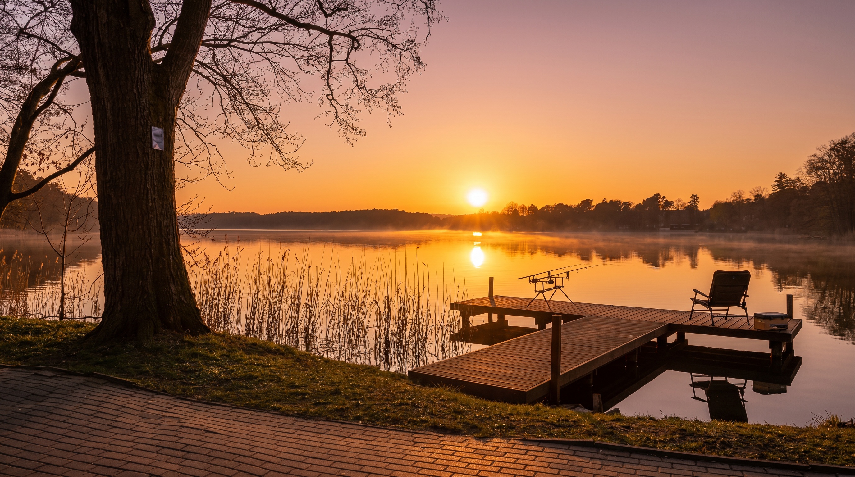 Pomost Domu Nad Lubiążem o zachodzie — wędki na rod-podach, krzesełko wędkarskie, złote światło na jeziorze